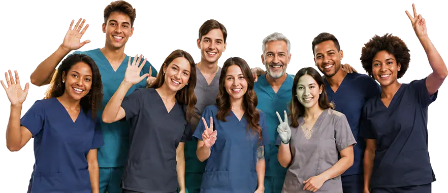 Smiling Texas Massage Academy students in scrubs giving thumbs up