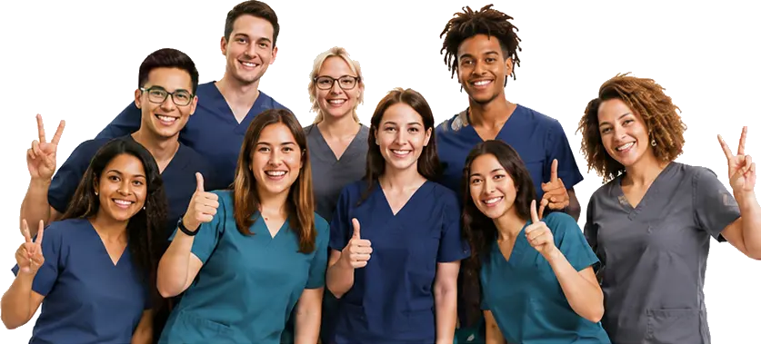 Texas Massage Academy graduates in scrubs waving