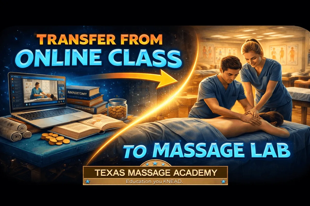 Transfer from online class to massage lab — Texas Massage Academy's hybrid program connects online coursework with hands-on training in Brownwood.