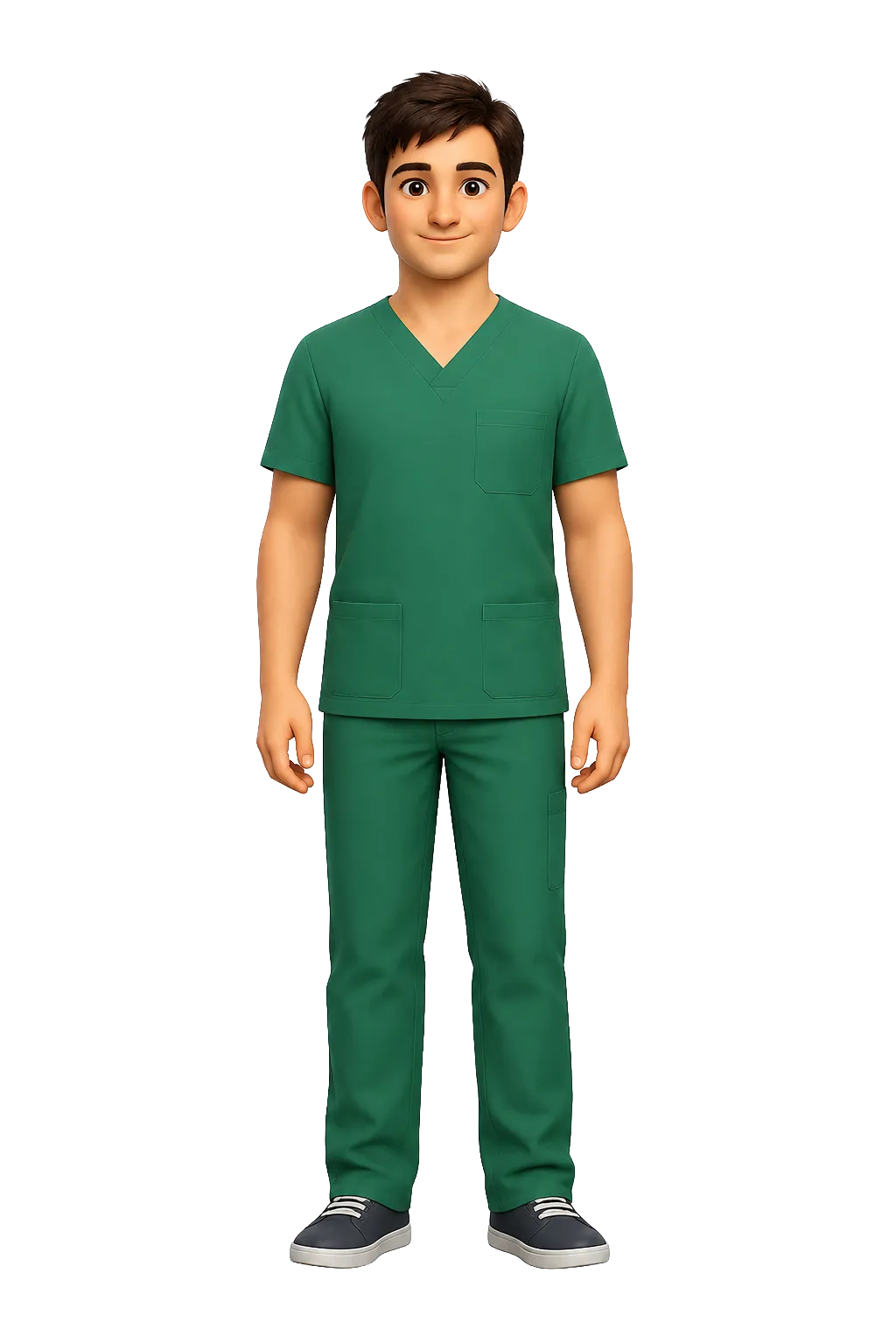 Massage therapy student in green scrubs