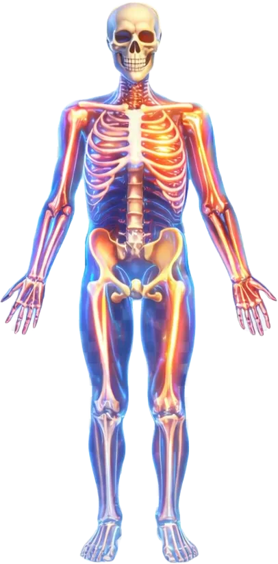 Glowing skeleton anatomy artwork — interactive 3D massage education