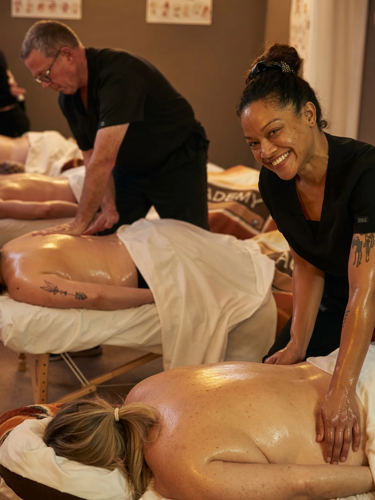 Smiling student practicing low back massage — Texas Massage Academy, Brownwood TX