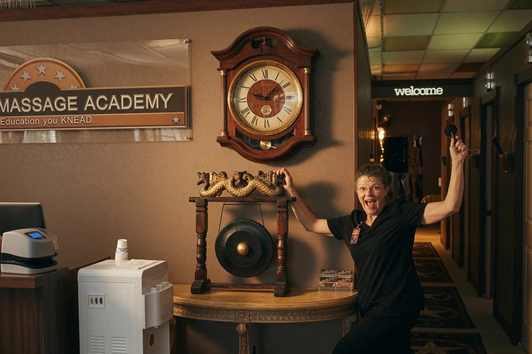 Celebrating at the graduation gong in the Texas Massage Academy lobby