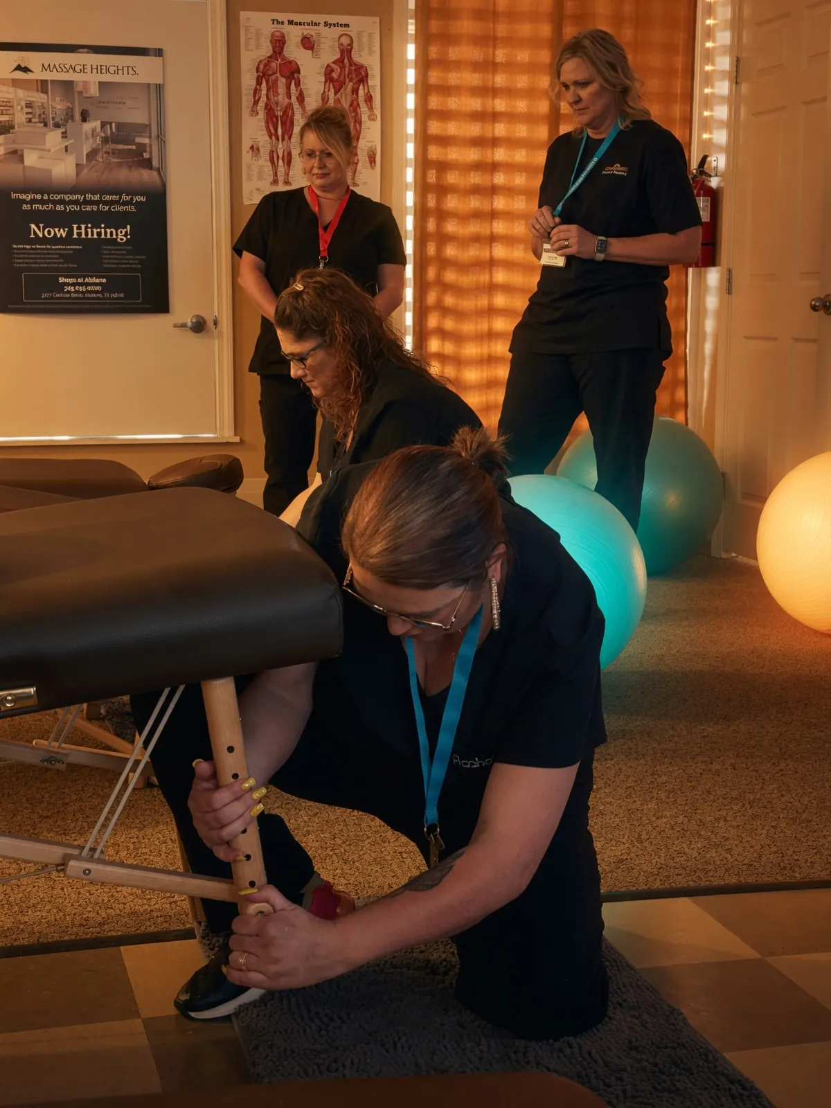 Student assembling massage table leg in class — Texas Massage Academy, Brownwood TX