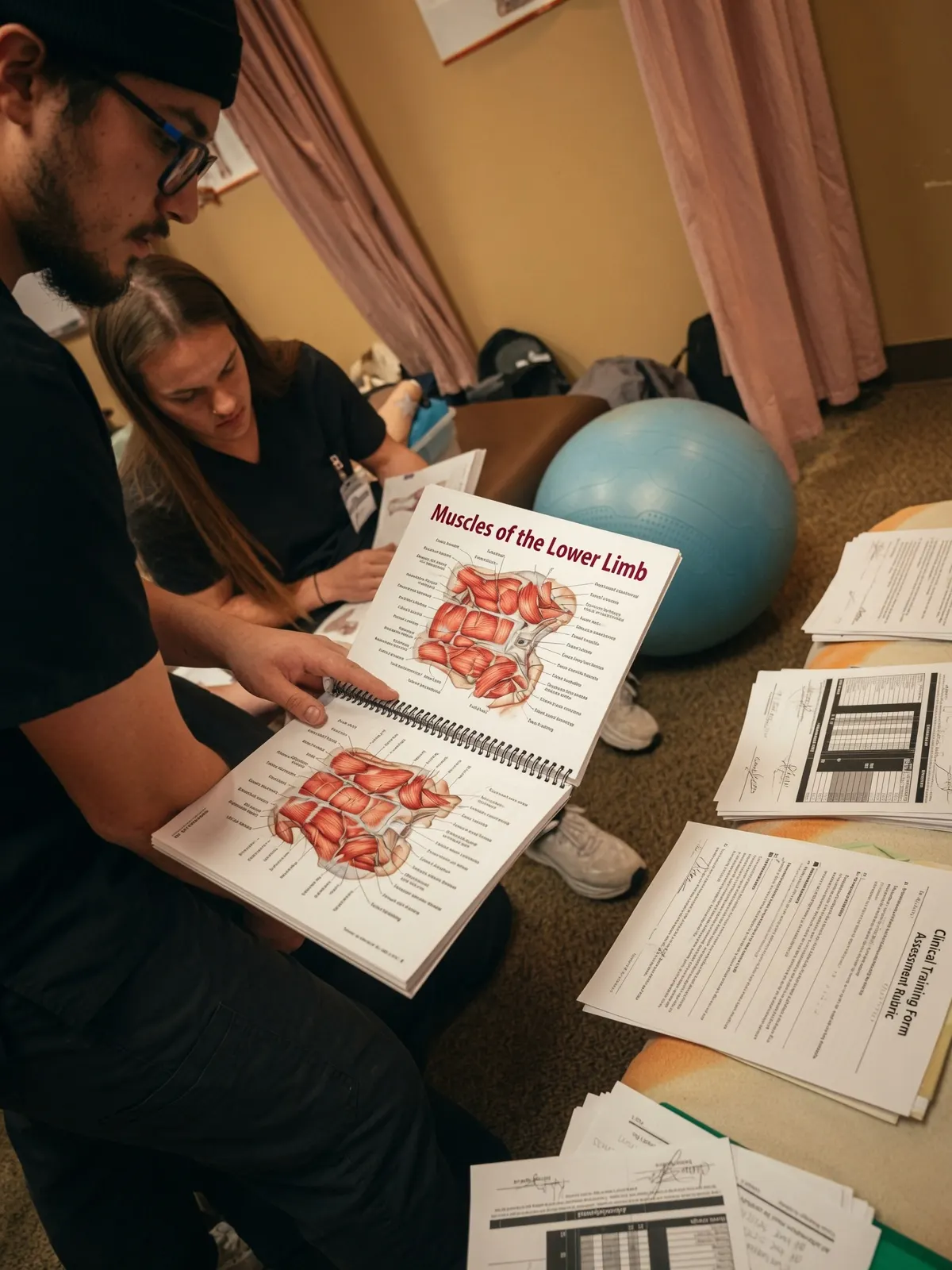 Male student reading lower limb muscles anatomy book — Texas Massage Academy, Brownwood TX