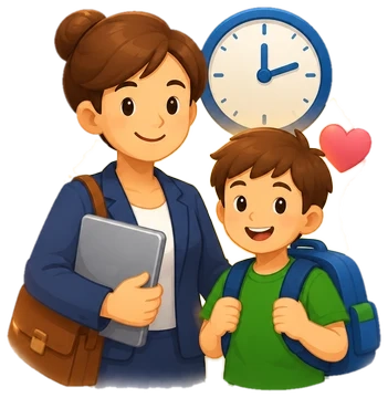Working parent with student backpack and clock — studying for massage school on a busy schedule