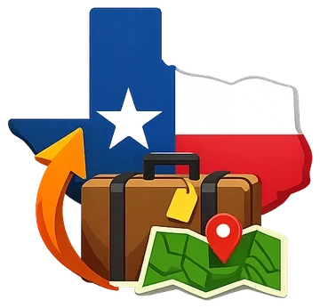 Texas map with suitcase and map pin — relocating to Texas and starting massage school online before the move