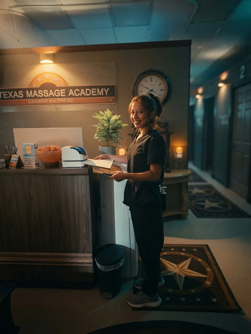 Smiling student at the Texas Massage Academy front desk reception