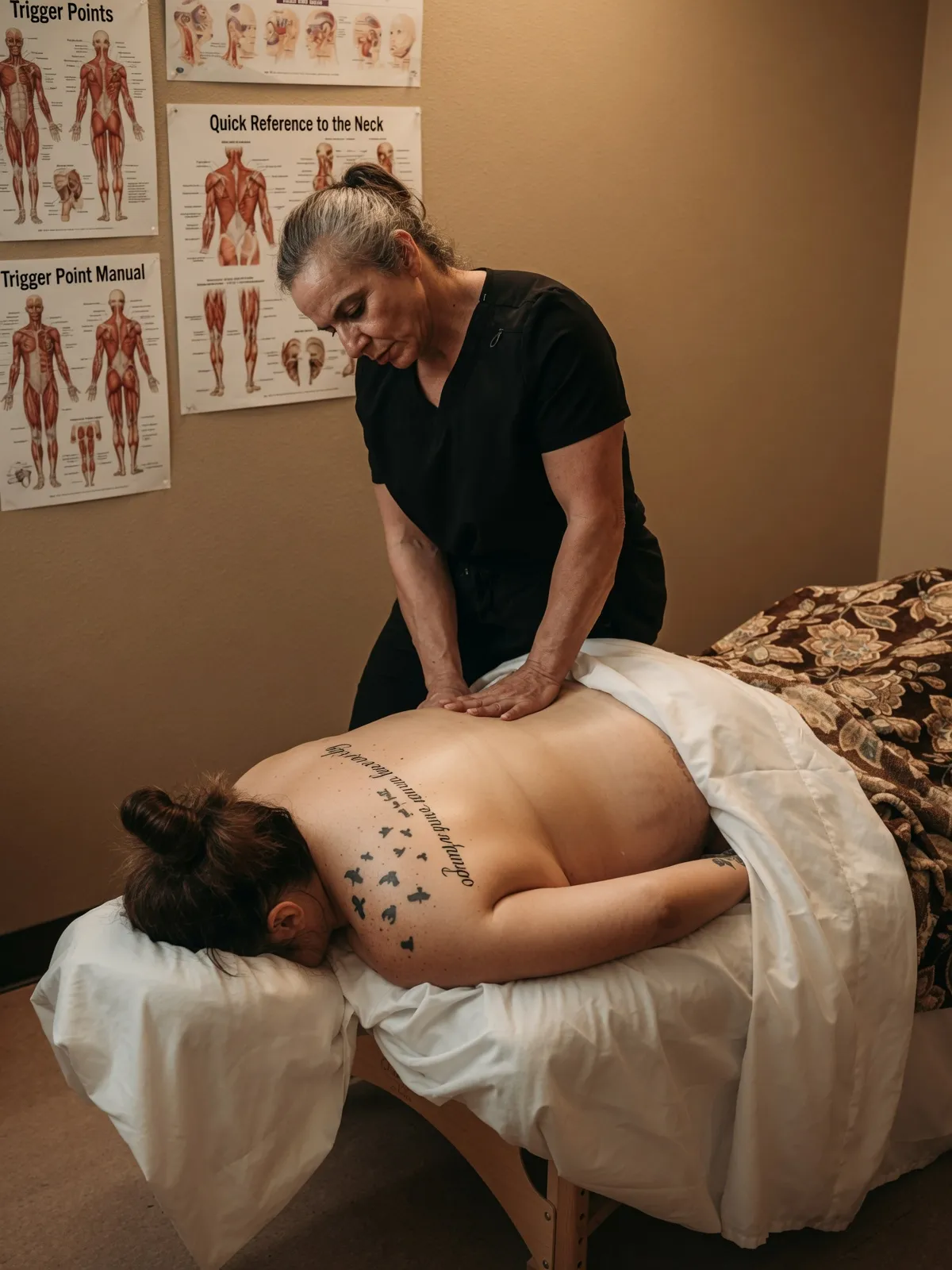 Instructor applying back massage pressure below trigger-point anatomy posters