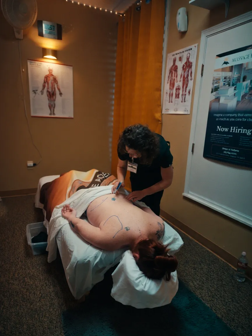 Massage instructor and student beside an anatomy skeleton in the Texas Massage Academy classroom
