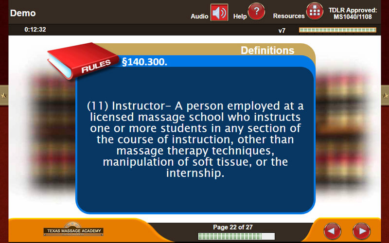 Online massage theory course slide — Texas massage law
