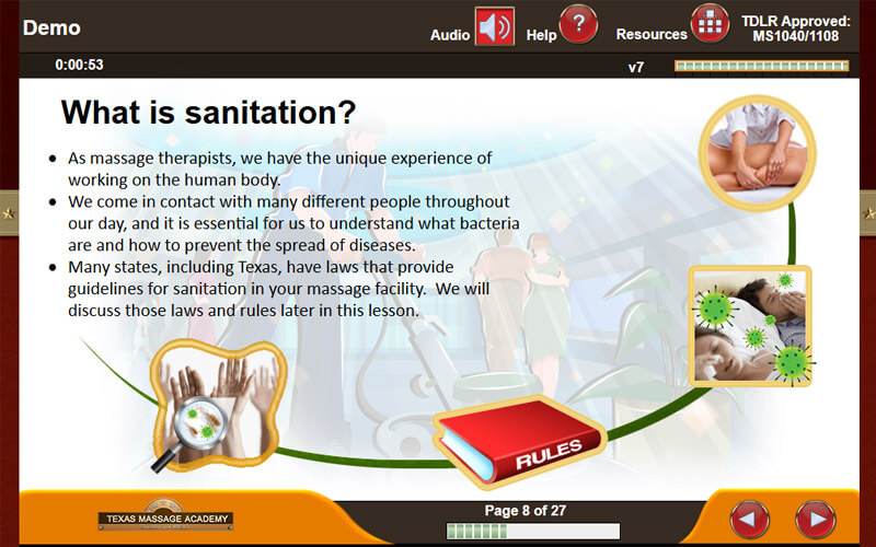 Online massage theory course slide — Sanitation and hygiene