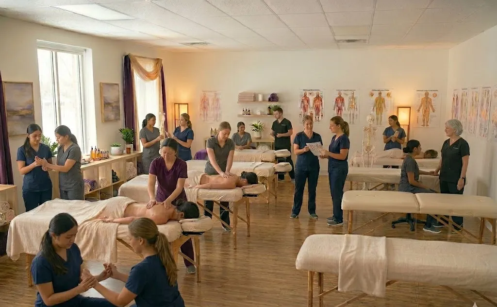 Massage therapy students learning in the Texas Massage Academy classroom lab in Brownwood