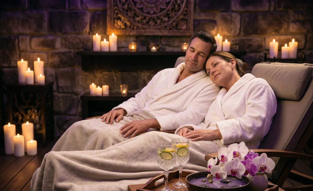 A couple relaxing in plush robes by candlelight at the Texas Massage Academy day spa in Brownwood