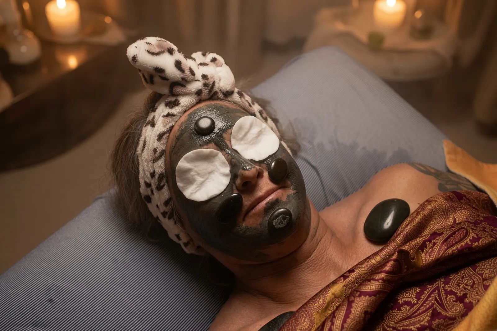 Client relaxing during an Ultimate European Facial with a warm mud masque and hot stones by candlelight at the Brownwood day spa