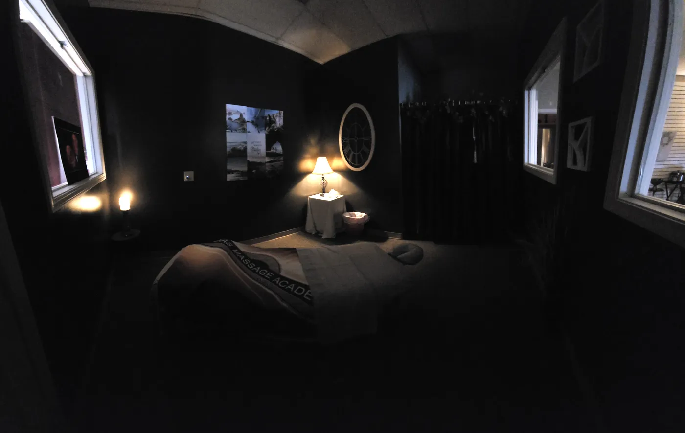A real candlelit massage treatment room at the Texas Massage Academy day spa in Brownwood