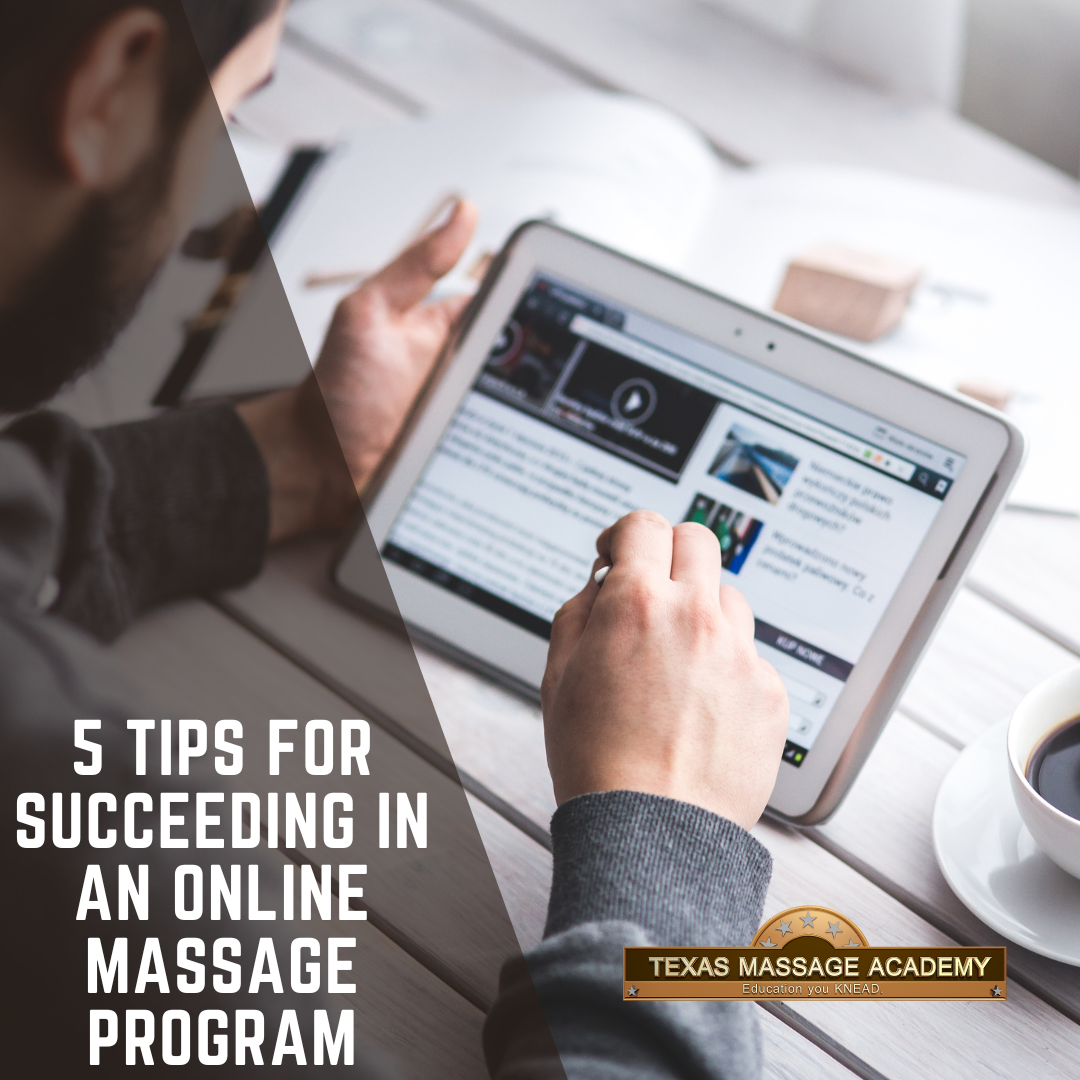 A man studying massage therapy online with a new hybrid class.