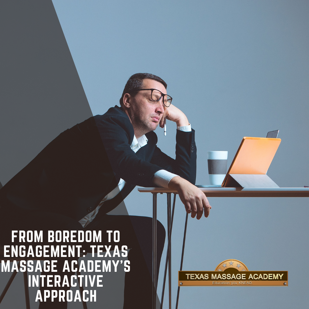 Man bored in zoom meeting with text Are you considering a career in massage therapy but worried about the learning experience? Don't let boredom hold you back! In today's blog post, we'll explore how Texas Massage Academy's interactive approach to learning sets it apart. With over 25 years of experience in creating computer-based learning, we bring a wealth of knowledge and expertise to deliver an engaging and enjoyable massage education. Say goodbye to the inefficiency of Zoom meetings and embrace a more effective learning experience.