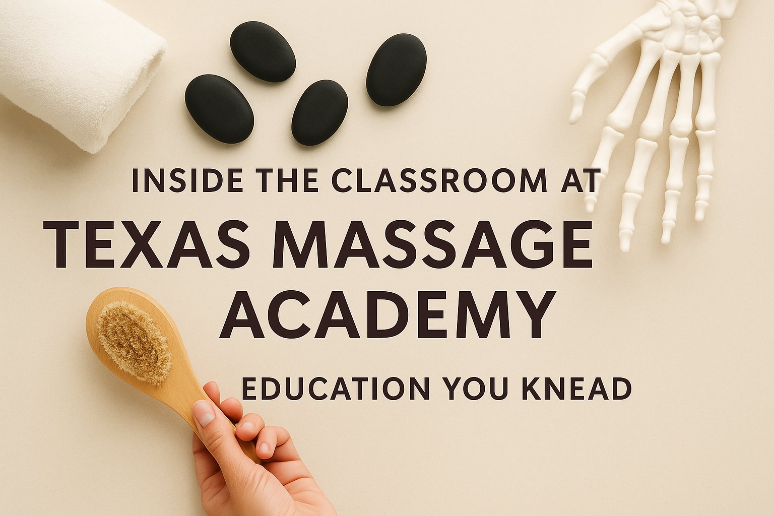 Promotional banner for Texas Massage Academy featuring a serene classroom scene with massage tables and students practicing techniques, overlaid with the headline 'Inside the Classroom at Texas Massage Academy' and the tagline 'Education You Knead.
