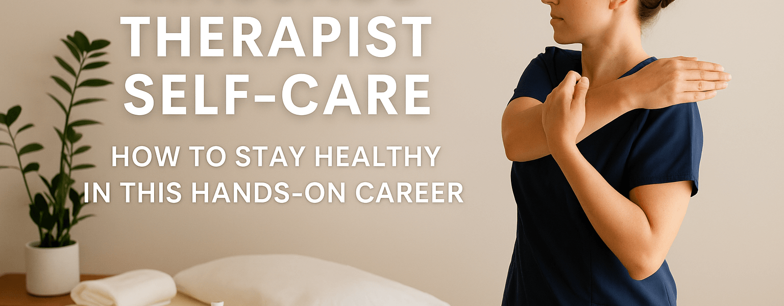 A female massage therapist in navy scrubs stretches her arm across her chest in a peaceful spa room. A massage table, lotion, and water bottle are visible. Text reads “Massage Therapist Self-Care: How to Stay Healthy in This Hands-On Career.”