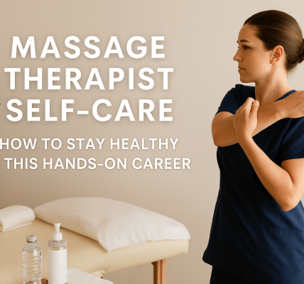 A female massage therapist in navy scrubs stretches her arm across her chest in a peaceful spa room. A massage table, lotion, and water bottle are visible. Text reads “Massage Therapist Self-Care: How to Stay Healthy in This Hands-On Career.”