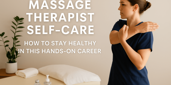 A female massage therapist in navy scrubs stretches her arm across her chest in a peaceful spa room. A massage table, lotion, and water bottle are visible. Text reads “Massage Therapist Self-Care: How to Stay Healthy in This Hands-On Career.”