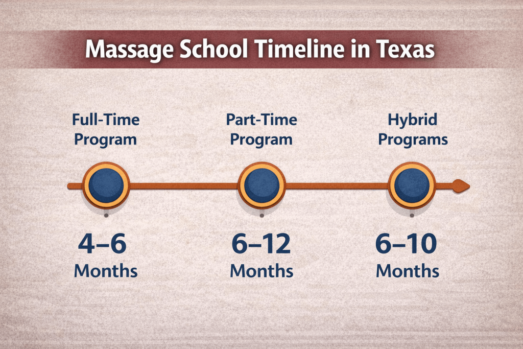 timeline showing how long massage school takes in texas including full time and part time programs
