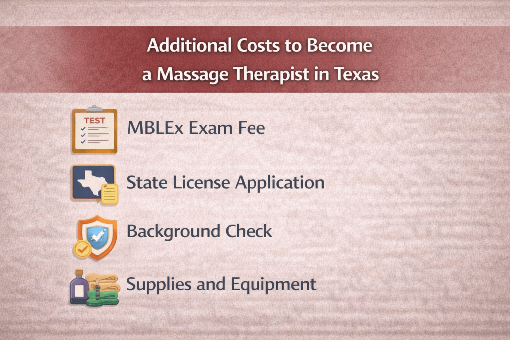 timeline showing steps to become a licensed massage therapist in texas including 500 hours training and mblex exam