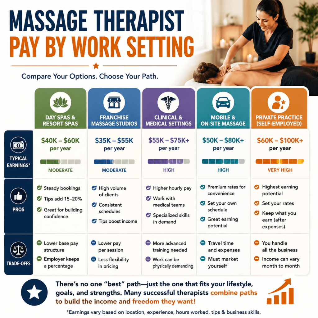 comparison chart showing massage therapist earnings in spas franchises clinical settings mobile massage and private practice in texas
