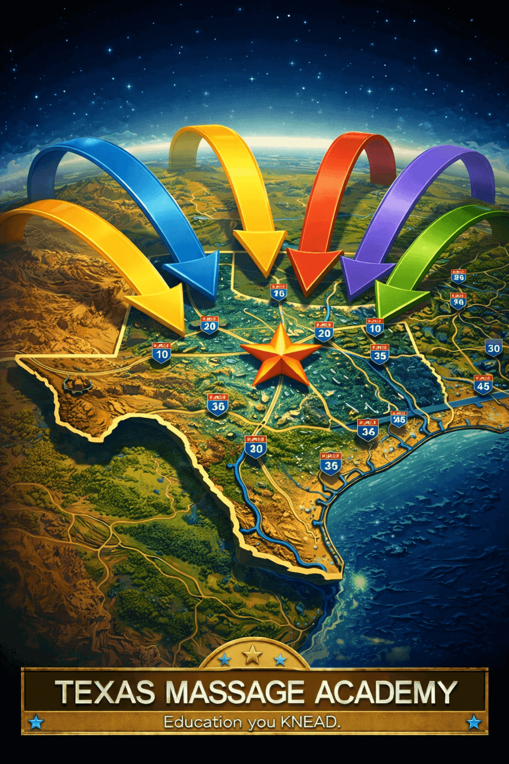 Illustrated map of Texas with colorful arrows pointing toward Brownwood, highlighting Texas Massage Academy as a central massage therapy school destination.