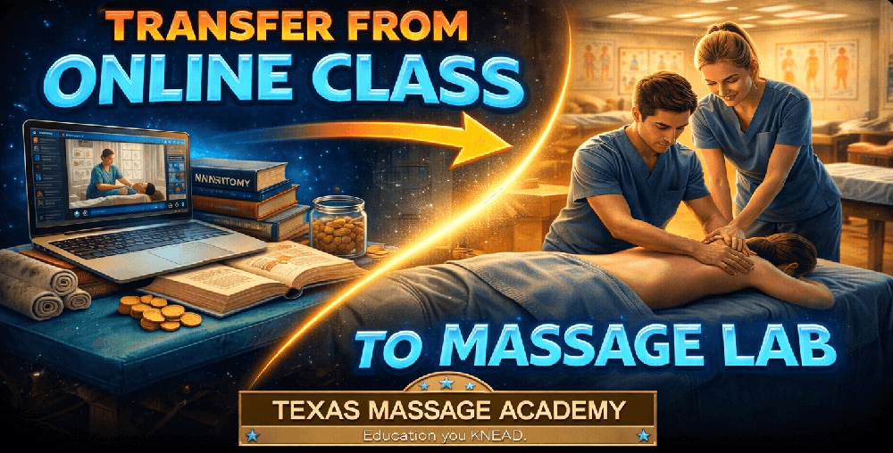 Transfer from online class to massage lab at Texas Massage Academy