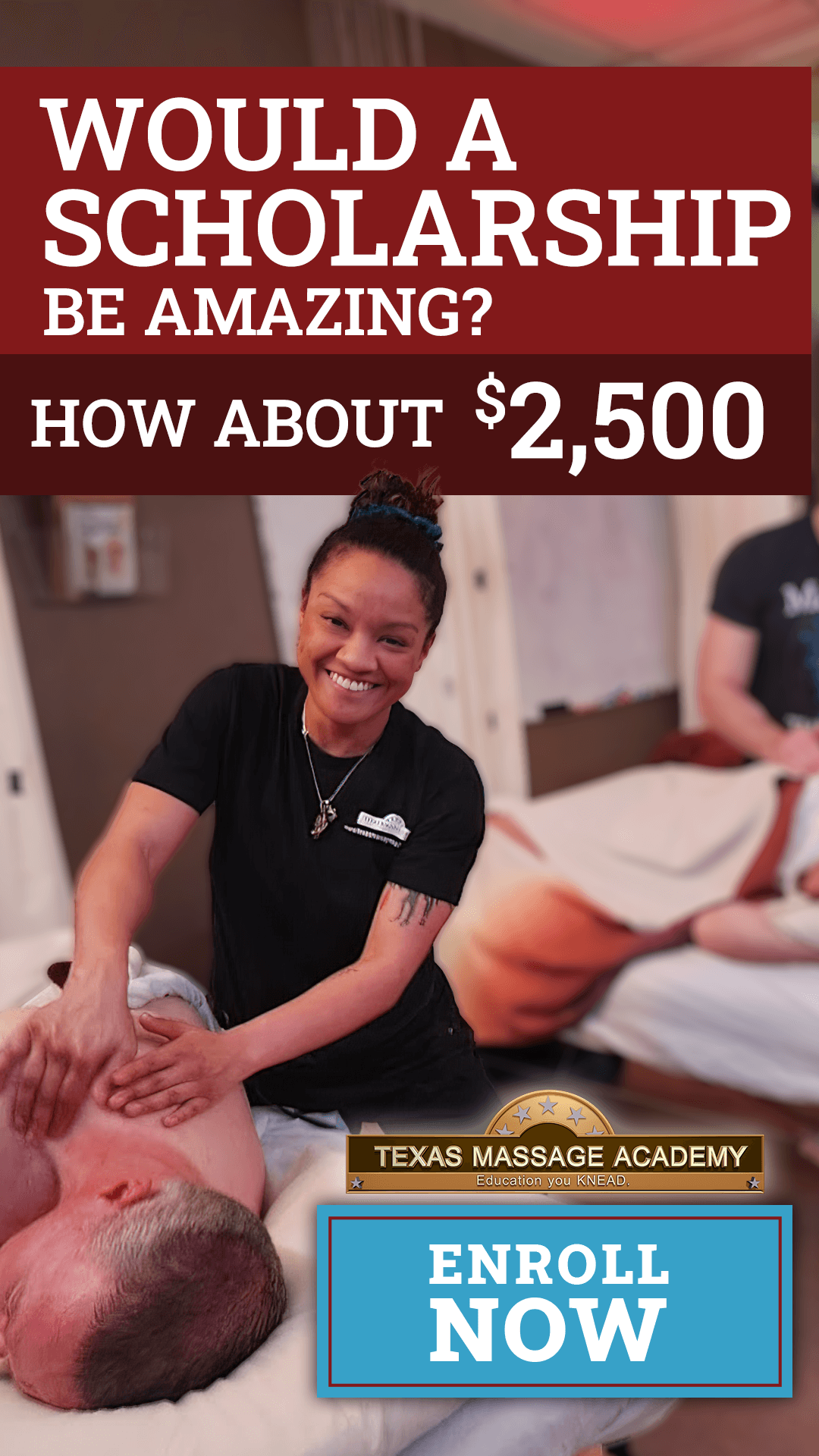 Student in the lab smiling and loving going to school at Texas Massage Academy female massage therapy student smiling at camera and loving massage school telling you to explore grant or scholarship options for your edcuation